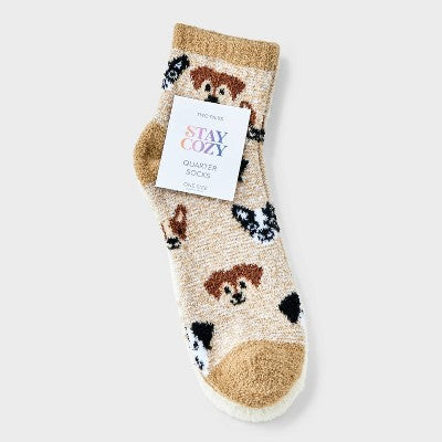 Women's Dogs 2pk Cozy Quarter Crew Socks - Tan/Ivory 4-10: Midweight Velour Ribbed Fabric, Animal Pattern, Machine Washable