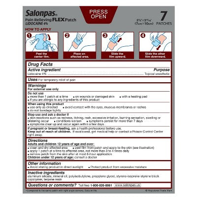 Salonpas Lidocaine 4% Pain Relieving Flex Patch - Odor Free - 7ct