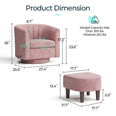 LINSY HOME Swivel Accent Chair Ottoman Set, Velvet Small Barrel Chair with Foot Rest Blue 27.4'' x 25.6'' x 26'' (LOCAL PICKUP ONLY)