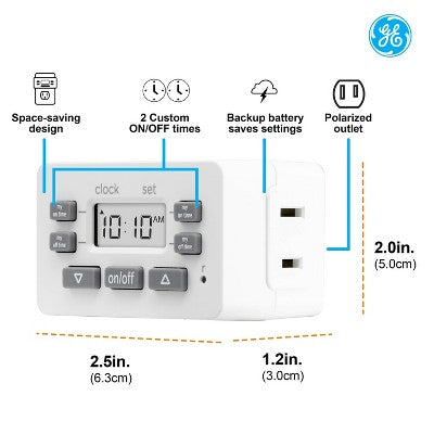 GE myTouchSmart Simple Set Digital Bar Timer 1-Polarized Outlet 2pk: Indoor Light Timer Plug, Push Button, White, No Assembly