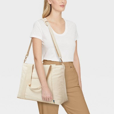 Solid Canvas School Tote Bag - Open Story Handbag with Padded Laptop Compartment
