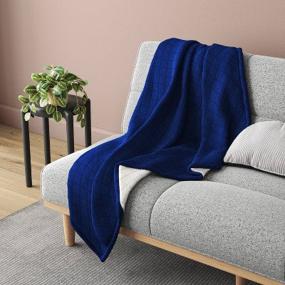Quilted Jersey Throw Blanket with Faux Shearling Reverse Heathered Cobalt Blue - Room Essentials