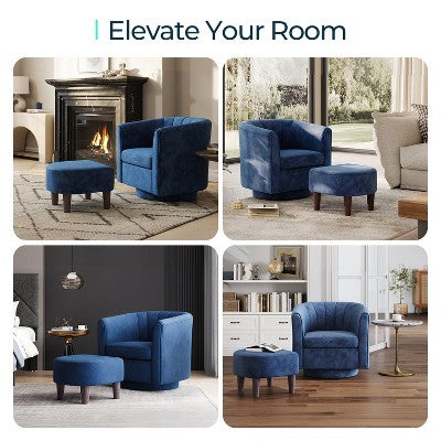 LINSY HOME Swivel Accent Chair Ottoman Set, Velvet Small Barrel Chair with Foot Rest Blue 27.4'' x 25.6'' x 26'' (LOCAL PICKUP ONLY)