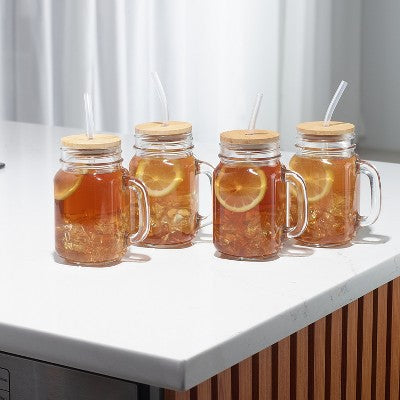 4PC Glass Jars with Bamboo Lids and Straw, 16oz Mason Jar Drinking Glasses – Reusable Tumbler Set for Cold Beverages