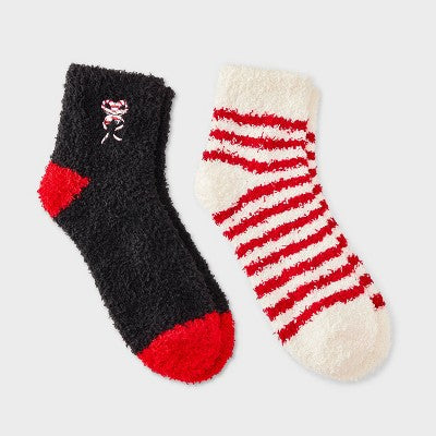 Women's Embroidered Candy Canes Christmas 2pk Cozy Ankle Socks - Black/Ivory/Red 4-10