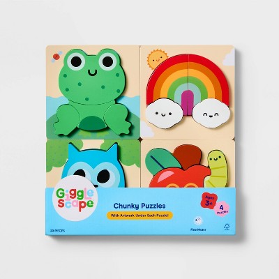 Chunky Puzzles - Gigglescape: Wooden Puzzle Sets for Toddlers, 4 Animal Themes, Educational Toys for Kids