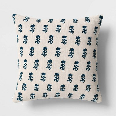 Square Floral Reversible Throw Pillow with Block Print Teal - Threshold