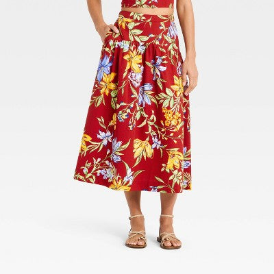 Women's Resort Poplin Drop Waist Midi Skirt - Dark Red Floral L