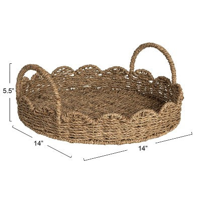 Household Essentials Round Handwoven Seagrass Tray with Scalloped Edge and Handles Natural: Decorative Brown Metal Platter