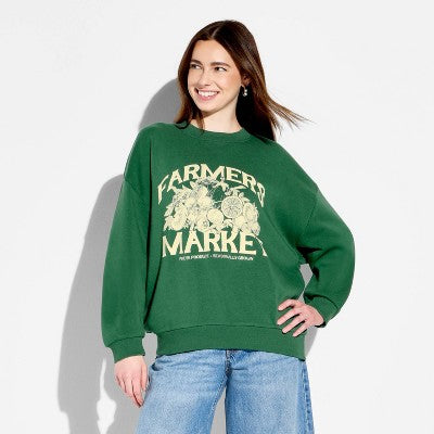 Women's Crewneck Farmers Market Graphic Pullover Sweatshirt - Fern Green M