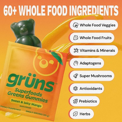 Gruns Adult Low Sugar Mango Superfoods Greens Gummies - 240g/12 Servings: Dietary Supplement, Gummy Form