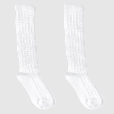 Girls' Casual Knee High Socks - Cat & Jack 2pk White L: Midweight Cable Knit, Banded Cuff