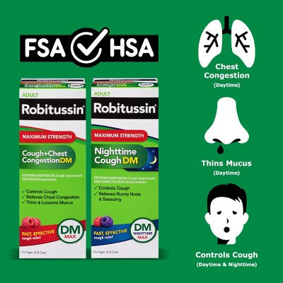 Robitussin Cough & Chest Congestion Max/Nighttime Combo Syrup - Dextromethorphan - Berry - 8 fl oz/2pk