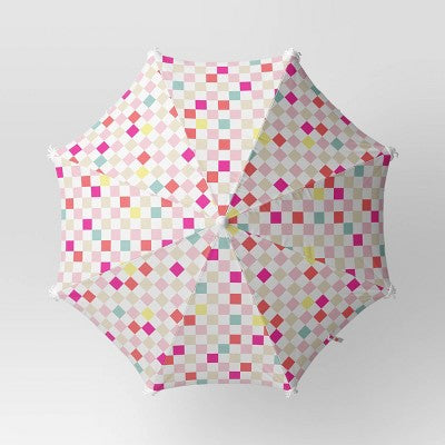 6' Outdoor Patio Beach Umbrella with Fringe Plaid Pattern - Sun Squad (LOCAL PICKUP ONLY)