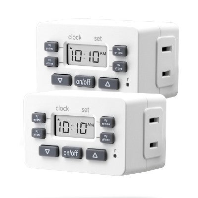 GE myTouchSmart Simple Set Digital Bar Timer 1-Polarized Outlet 2pk: Indoor Light Timer Plug, Push Button, White, No Assembly