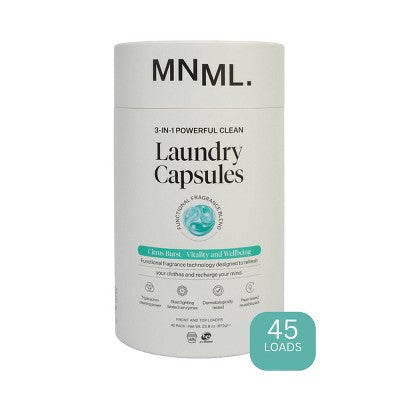 MNML Citrus Burst Capsules Laundry Detergent 45 Pods - 23.8 fl oz: Dermatologist Tested, Sensitive Formula, Paraben-Free