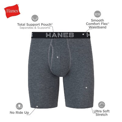 Hanes Premium Men's 3pk Long Leg Boxer Briefs Total Support Pouch - Black/Gray M: Tagless, Moisture Wicking, 4-Way Stretch