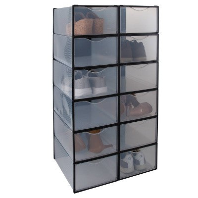 Simplify Set of 12 Drop Front Shoe Box Black: Plastic Storage Drawers for Shoe Storage, No Assembly Required