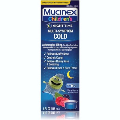 Mucinex Children Multi Symptom Cold Nighttime Liquid Berry Flavor Childrens Cold Relief Liquid, 4 Oz