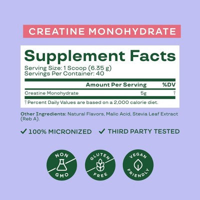 BLOOM NUTRITION Creatine Monohydrate Supplement Vegan Powder - Raspberry Lemon - 9oz/40 Servings
