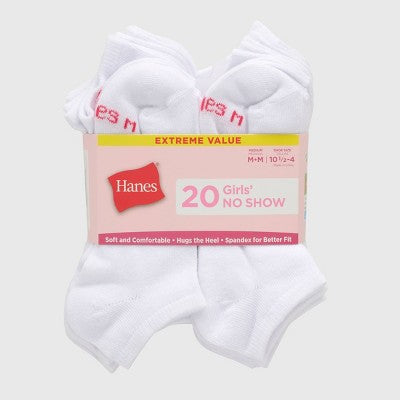 Hanes Girls' 20pk No Show Socks - White M