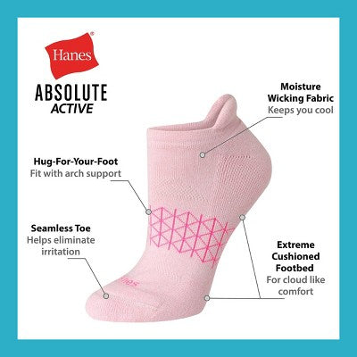 Hanes Women's Absolute Active 4pk No Show Tab Socks - White/Purple/Pink 5-9: Cotton Blend, Arch Support, Cushioned Sole, Seamless Toe