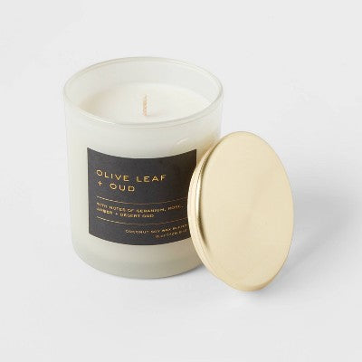 8oz Lidded Glass Jar Black Label Olive Leaf and Oud Candle - Threshold: Soy & Coconut Wax Blend, 30hr Burn Time