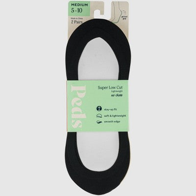 Peds Women's 2pk V Neck Super Low Cut Liner Socks - Black/Nude 5-10: Nylon Spandex Knit, Hidden Gel Heel Grip