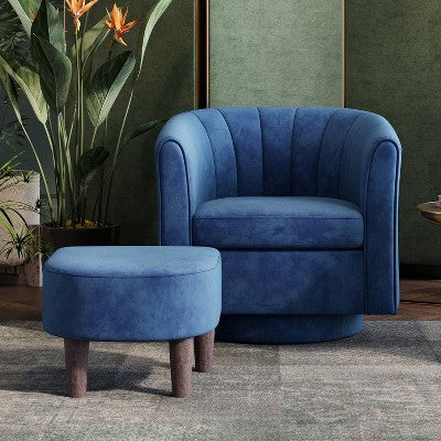 LINSY HOME Swivel Accent Chair Ottoman Set, Velvet Small Barrel Chair with Foot Rest Blue 27.4'' x 25.6'' x 26'' (LOCAL PICKUP ONLY)