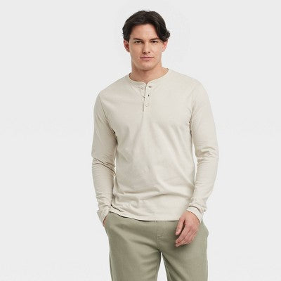 Men's Vintage Long Sleeve Henley Shirt -  Light Beige M: