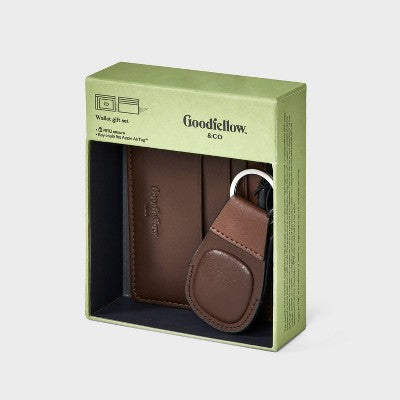 Men's RFID Card Case with Air Tag Hat and Wallet Set 2pc - Goodfellow & Co Dark Brown One Size Fits Most