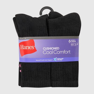 Hanes Premium Women's 6pk Cool Comfort Cushioned Crew Socks - Black 5-9