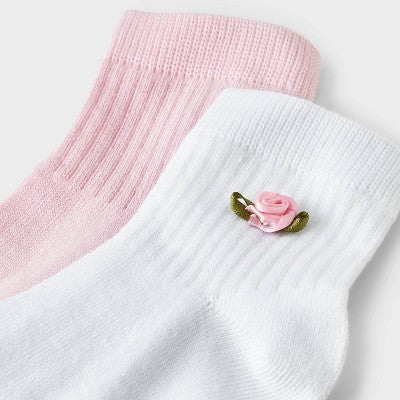 Girls' 2pk Ribbed 3D Rosette Applique Ankle Socks - Cat & Jack Pink/White M