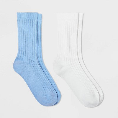 Women's 2pk Flat Knit Wide Ribbed Crew Socks - Blue/White 4-10