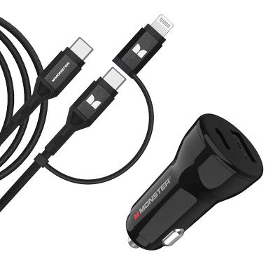 Monster 35W Dual Port 6' Long Cable Car Charger Bundle 1 USB-C and 1 USB-A Port