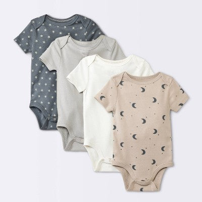 Baby 4pk Short Sleeve Moons Bodysuit - Cloud Island Gray Newborn: 100% Cotton, Midweight Fabric, Lap Shoulder Design