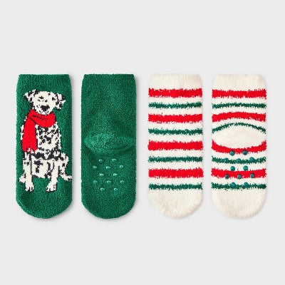 Toddler 2pk Cozy Christmas Dalmatian & Striped Crew Socks with Gift Card Holder - Wondershop Dark Green/Red 2T-3T