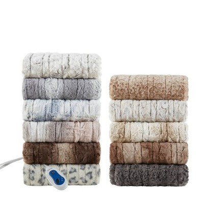 Beautyrest Marselle 50"x70" Oversized Faux Fur Electric Heated Throw Blanket Gray/Blue: Oversized, Machine Washable