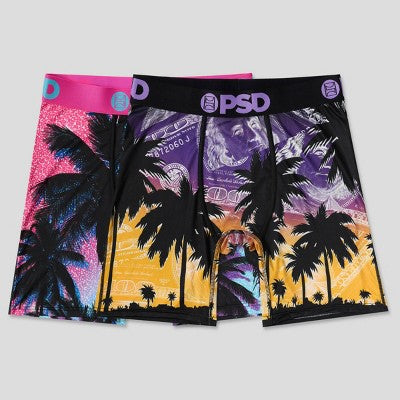 PSD Men's 2pk Aloha Sunrise Money Palms Boxer Briefs - Purple Money Palm/Pink S