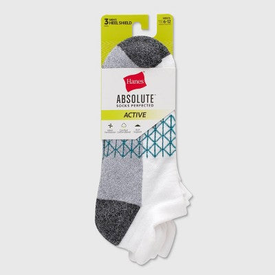 Hanes Men's 3pk Absolute Active Cushioned Heel Shield Socks - White/Blue/Charcoal Gray 6-12: Cotton Blend, Arch Support, Seamless Toe