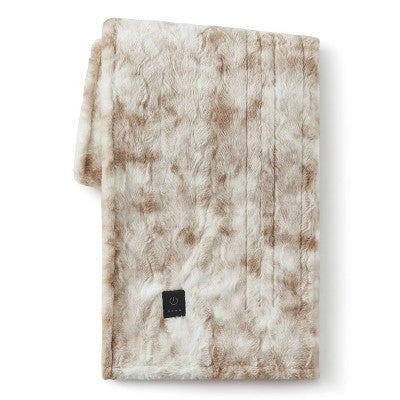 Brookstone Heated Oversized Marble Faux Fur Throw Tan