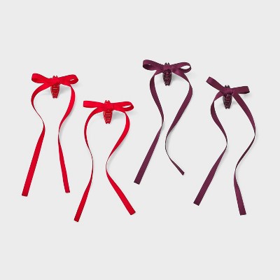 Girls' 4pk Long Tail Satin Bow Claw Clip Set - art class Maroon/Red