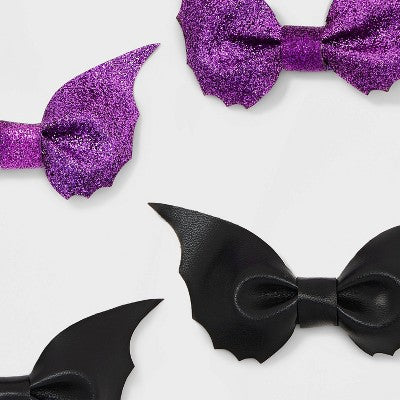 Halloween Hair Leather and Glitter Bat Hair Clip Set 4pc - Black/Purple