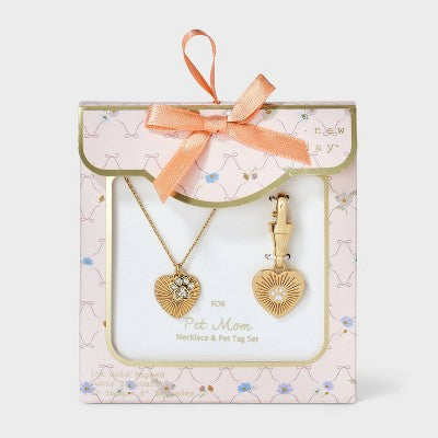 14k Gold Dipped Cubic Zirconia Heart and Paw Necklace with Paw Charm 2pc Set - A New Day Gold