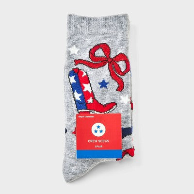 Women's Patriotic Western Crew Socks - Heather Gray 4-10