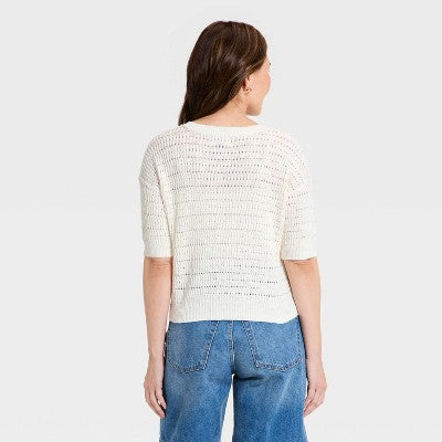 Women's Short Sleeve Button-Up Crewneck Pullover Sweater M