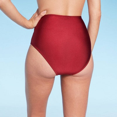 High Waist Shirred Front Bikini Bottom-Shade & Shore Red -XS