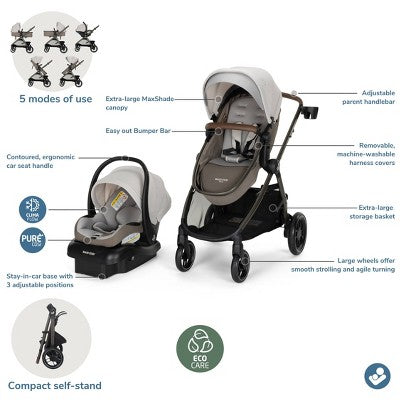 Maxi-Cosi Sienna Modular Travel System - Ecru: Bassinet Reclining Seat, Adjustable Handle, Rubber Tires, 38.8 lb Weight (LOCAL PICKUP ONLY)