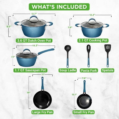 NutriChef 11-Piece Non-Stick Kitchen Cookware Set - Elegant Diamond Pattern, Ceramic Coated Pots & Pans (Blue) (LOCAL PICKUP ONLY)