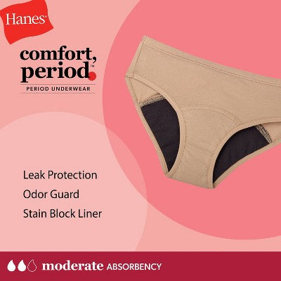 Hanes Girls' 4pk Hipster Period Underwear Moderate Protection - colors may vary 12: Moisture Wicking, Knit Fabric